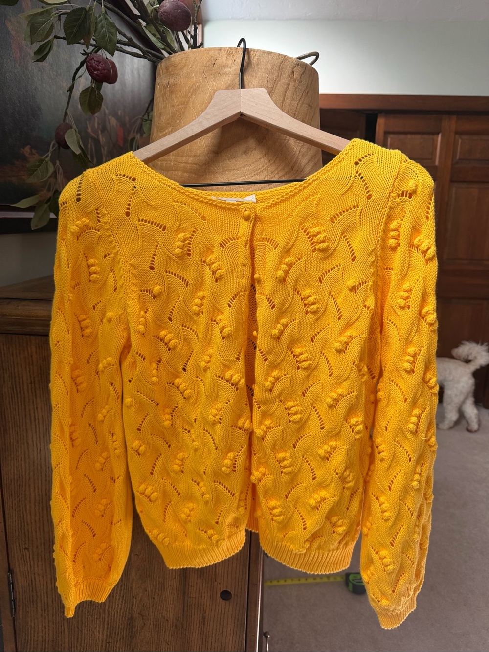 Bright Yellow Openwork Button-Back Knit Cardigan